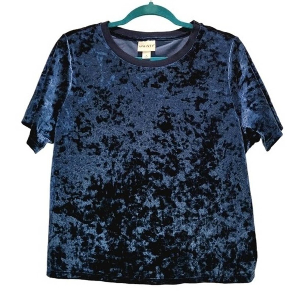 Ava & Viv X Crushed Velvet Crop Top SS Teal Soft Stretch Women's Shirt